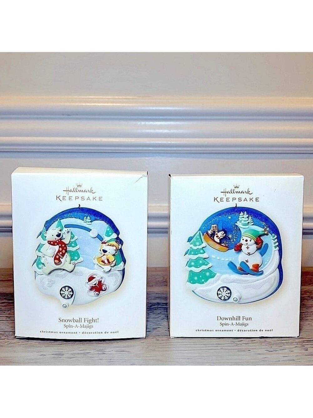 Hallmark Keepsake Ornaments Spin A Majigs/ Downhill Fun Snowball Fight  Set of 2